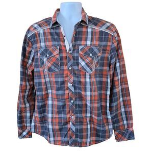 Mens BKE Western Plaid pearl Snap Button Shirt L farm wear  barn horses